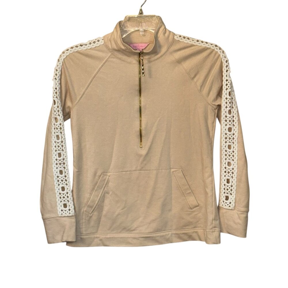 Lilly Pulitzer Tan Half-Zip Popover Jacket Crochet Mock Neck Small Lightweight